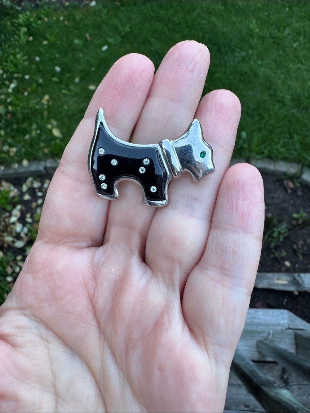 Silver and Black Scottie Dog Enamel Brooch with Green Eye